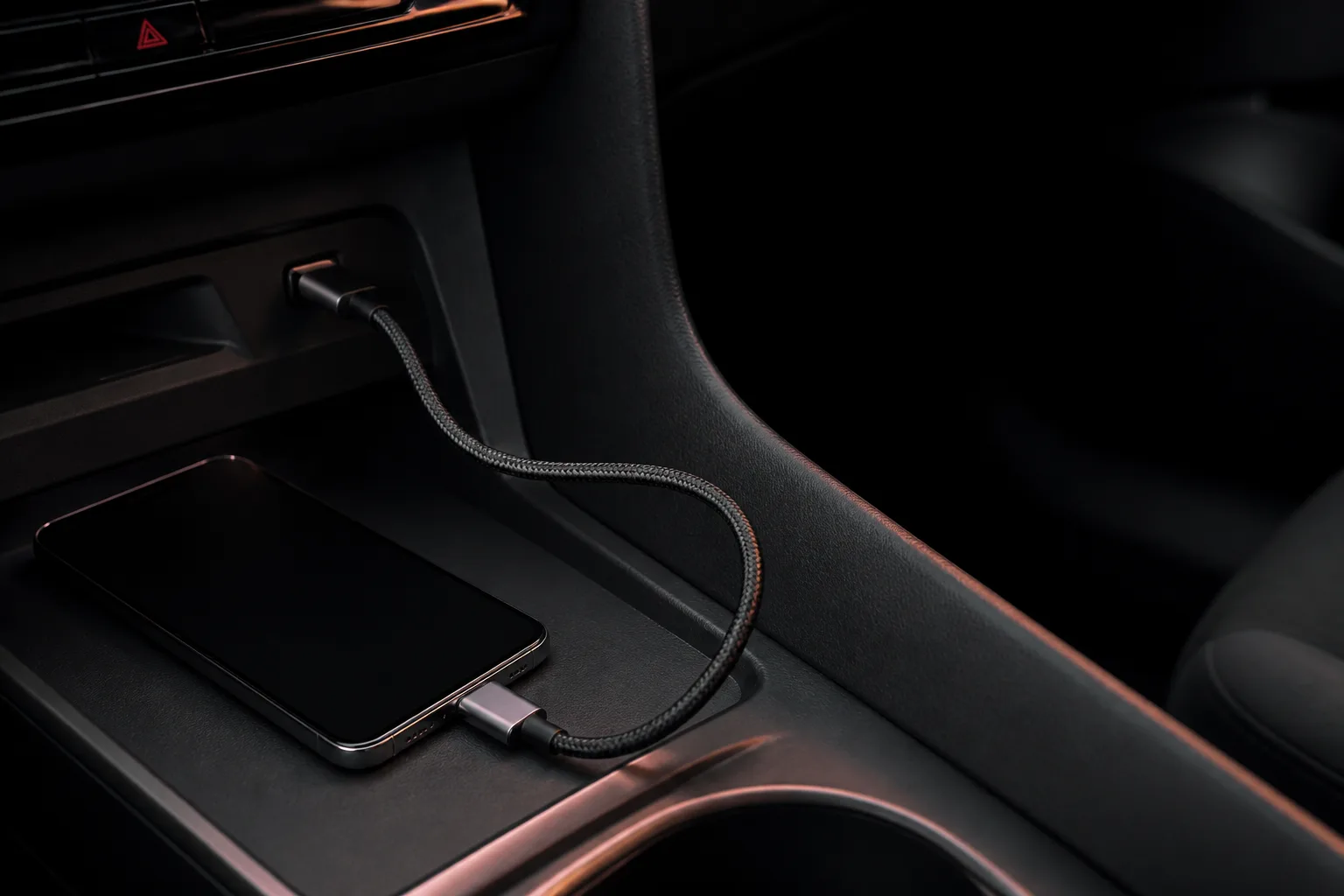 An Android phone connected by USB-C cable inside a car console