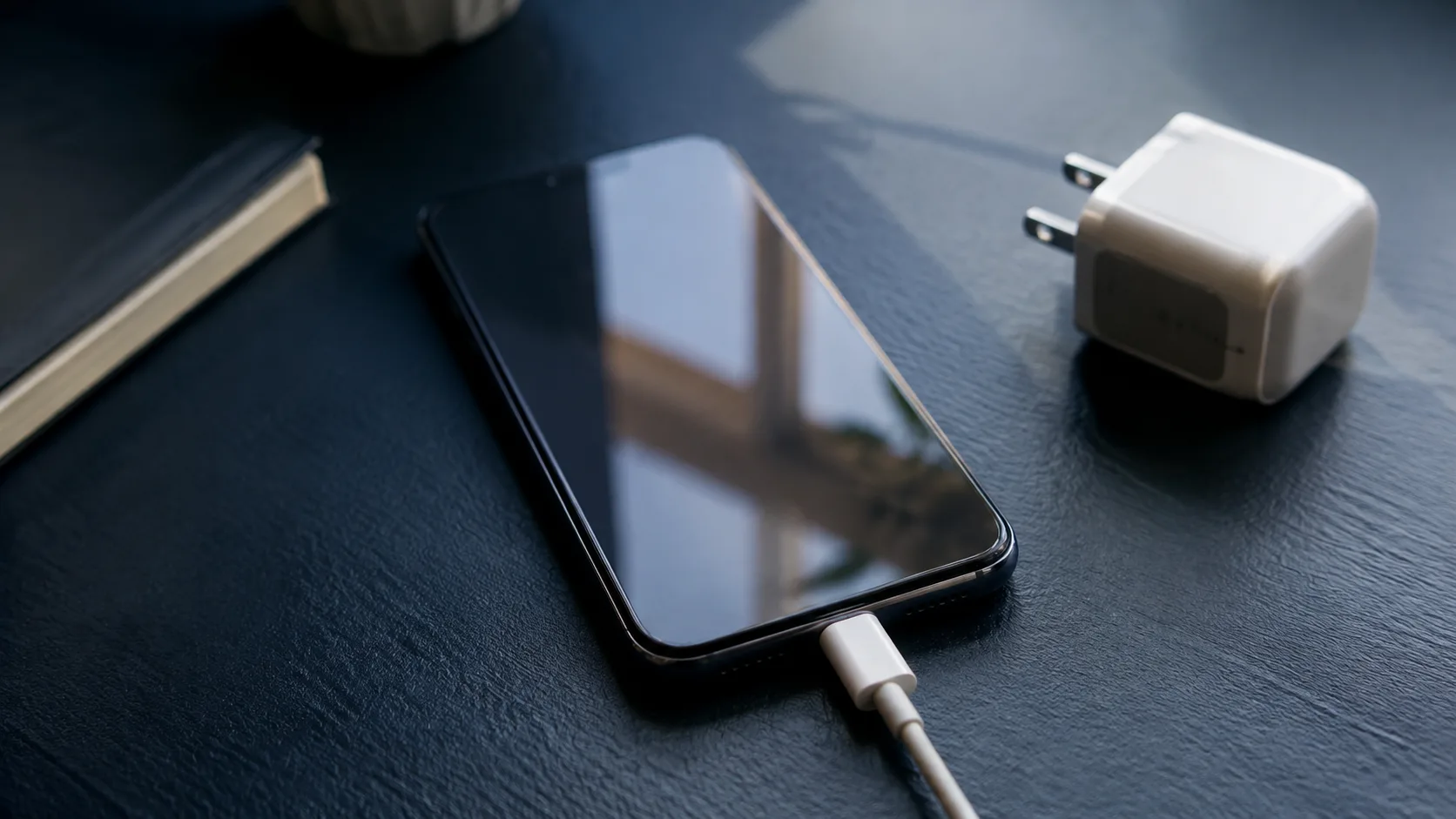 AI-generated close-up of a smartphone and charging connector on a desk