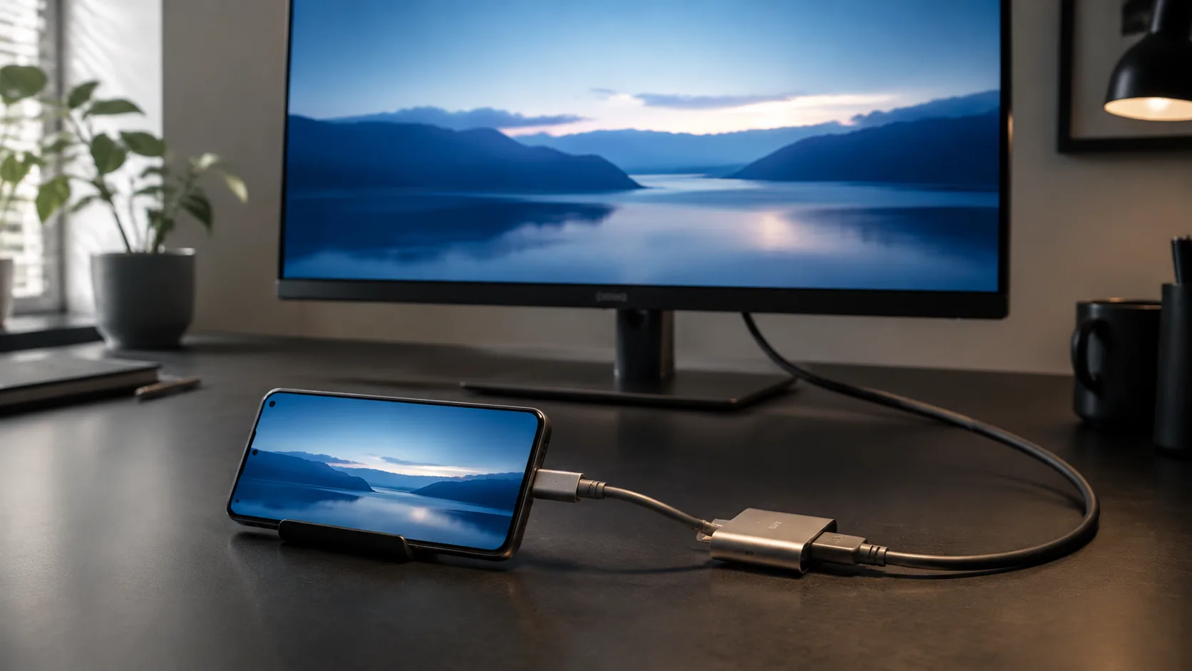 AI-generated scene of a smartphone connected through an adapter to an external monitor