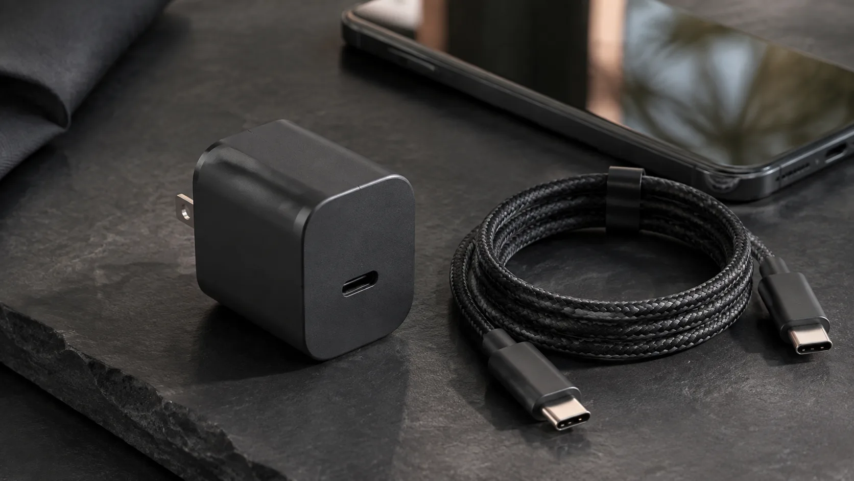 Compact USB-C charger with a cable and phone