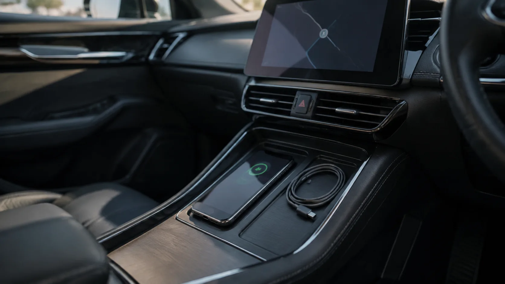 AI-generated parked-car scene with a phone in a charging tray and a USB cable